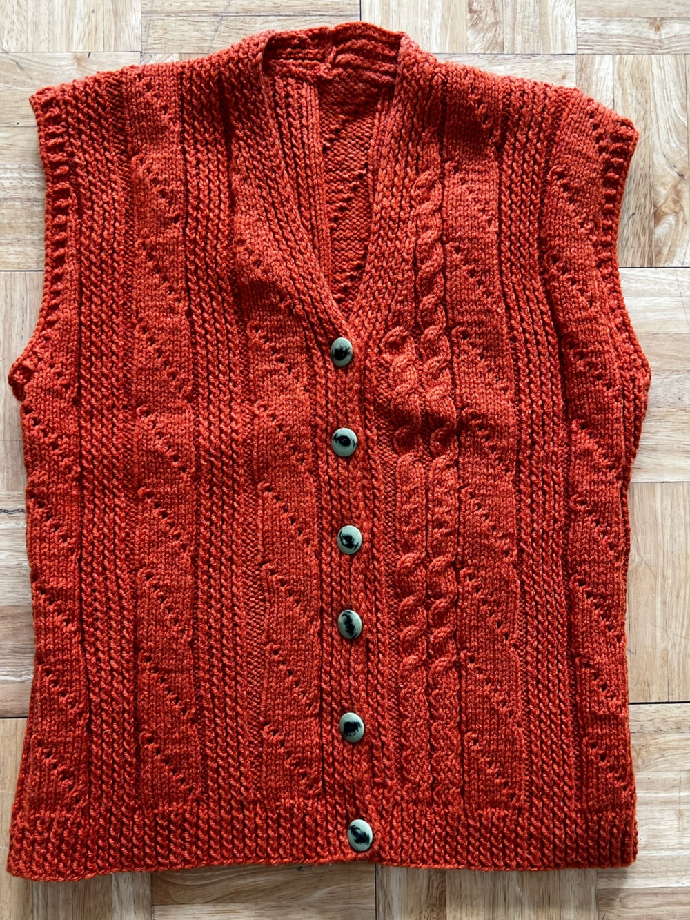 Burnt Orange Hand Knit Cableknit Women’s Button Front Vest Small Cozy Academia